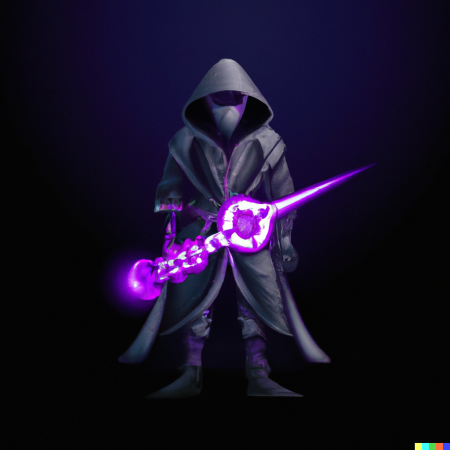 AI generated image of "menacing figure with a cybernetic black mask, cape, respirator and holding a glowing laser sword"