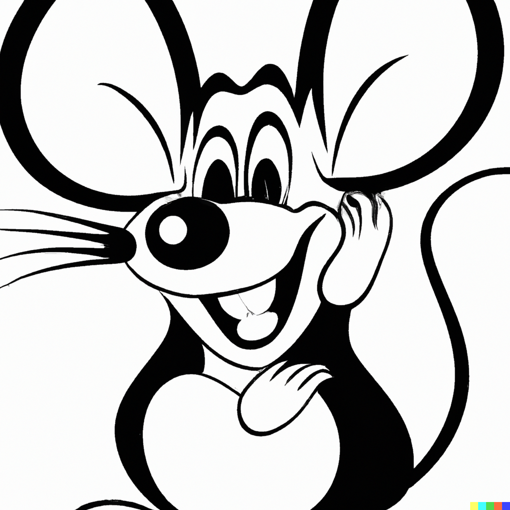 AI generated image of a cartoon mouse with black ears and a white face, smiling, with exaggerated features.