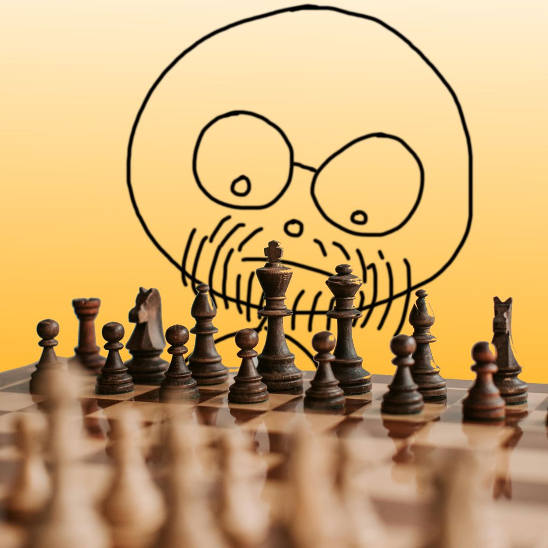 Cartoon of Matt Shepherd looking at a chess board.