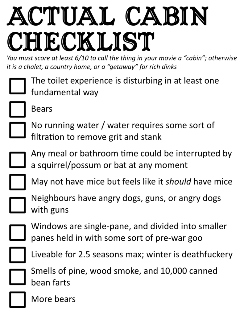 A checklist of things required to qualify as a "cabin" in a movie: The toilet experience is disturbing in at least one fundamental way; 
Bears;
No running water / water requires some sort of filtration to remove grit and stank; 
Any meal or bathroom time could be interrupted by a squirrel/possum or bat at any moment; 
May not have mice but feels like it should have mice; 
Neighbours have angry dogs, guns, or angry dogs with guns; 
Windows are single-pane, and divided into smaller panes held in with some sort of pre-war goo; 
Liveable for 2.5 seasons max; winter is deathfuckery;
Smells of pine, wood smoke, and 10,000 canned bean farts; 
More bears
